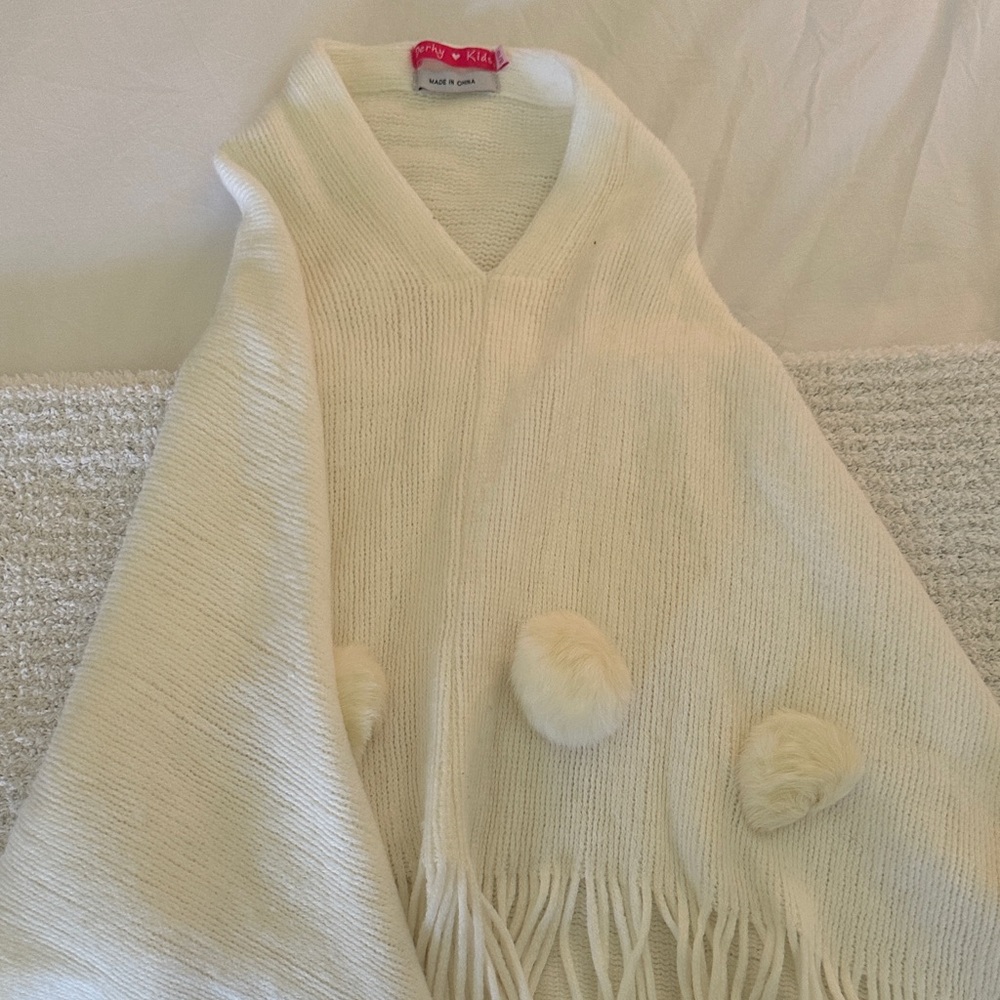Derhy Kids Cream Knit Poncho with Fringe
